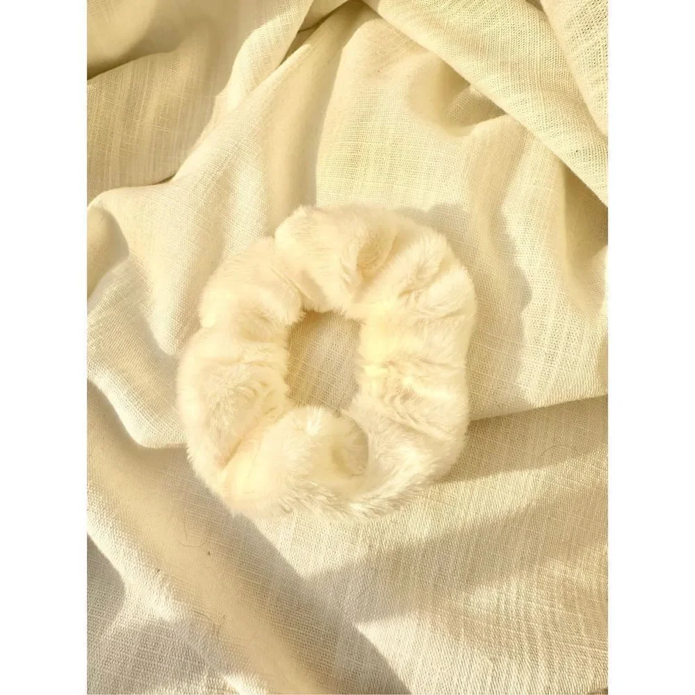 Cream fuzzy hair tie scrunchie